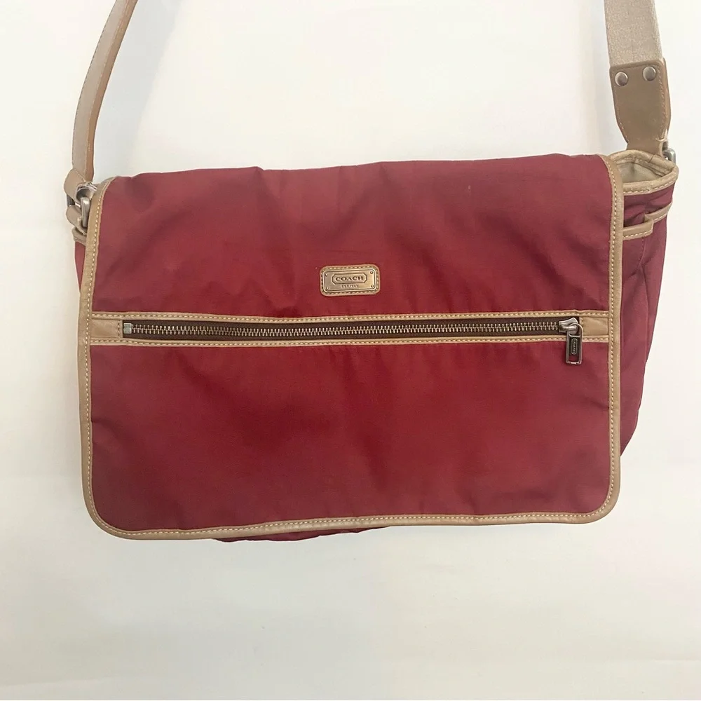 Coach F70355 Khaki red Nylon With Leather Trim Messenger laptop Unisex Bag
